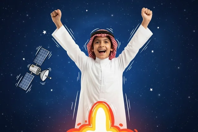 طفل سعودي بالزي التقليدي يحتفل بنجاح في الفضاء