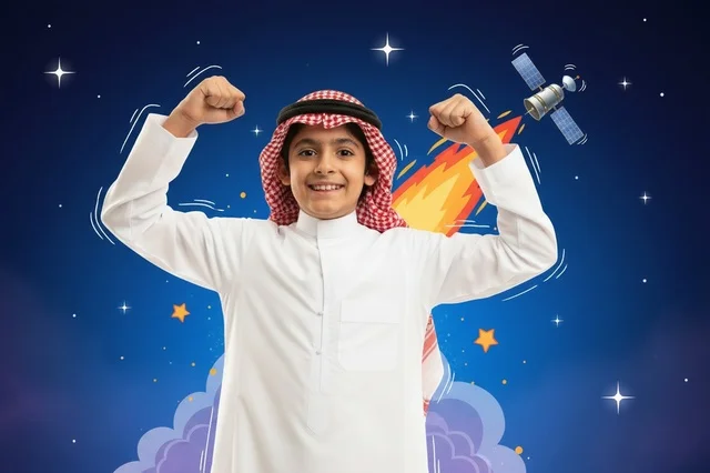 Saudi Boy in Thobe Success Pose with Space Theme