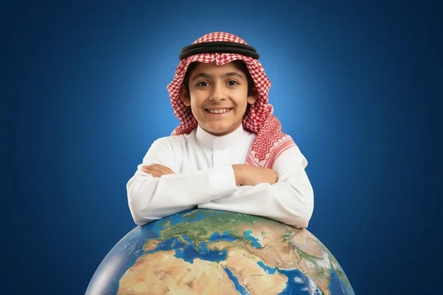 طفل سعودي بالزي التقليدي مع مجسم الكرة الأرضية