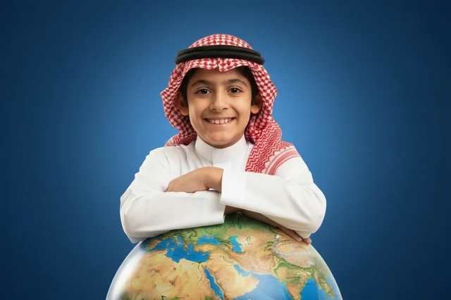 Saudi Boy in Traditional Dress with World Globe