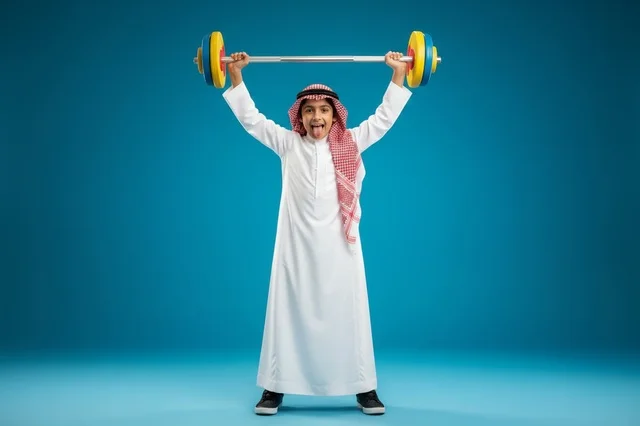 Saudi Boy in Traditional Thobe Lifting Weights Studio