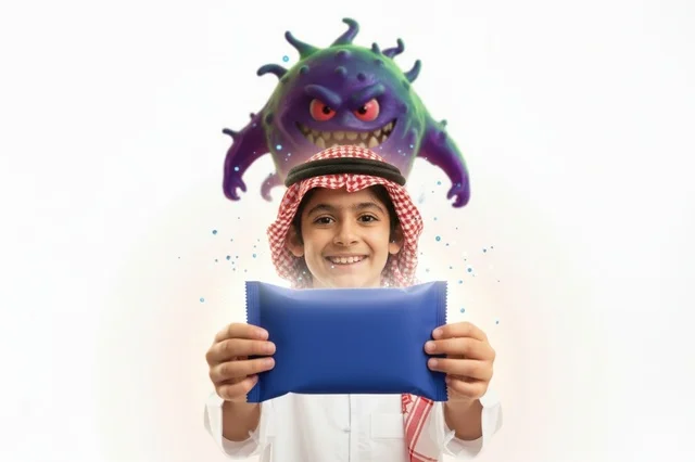 Saudi Boy Holding Hygiene Product with Virus Character