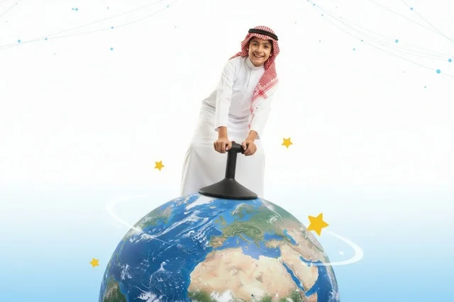 Saudi Boy in Traditional Thobe with Globe Graphic