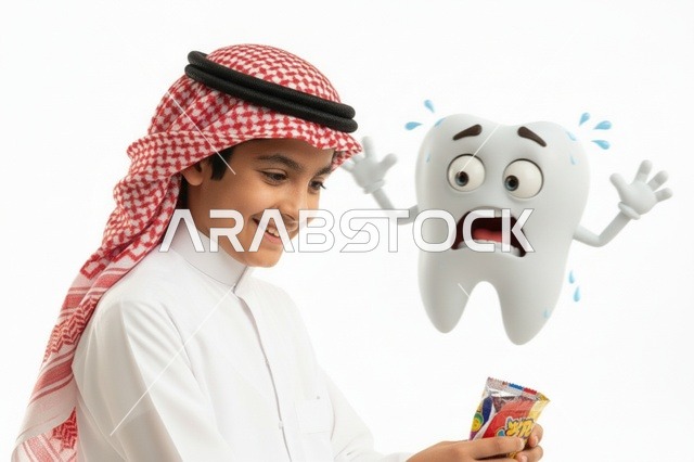 Saudi Boy with Candy and Scared Cartoon Tooth