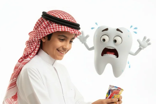Saudi Boy with Candy and Scared Cartoon Tooth