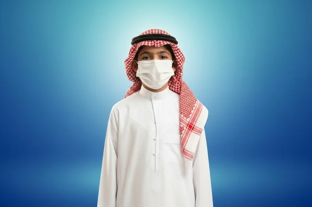 طفل سعودي بالزي التقليدي يرتدي كمامة طبية