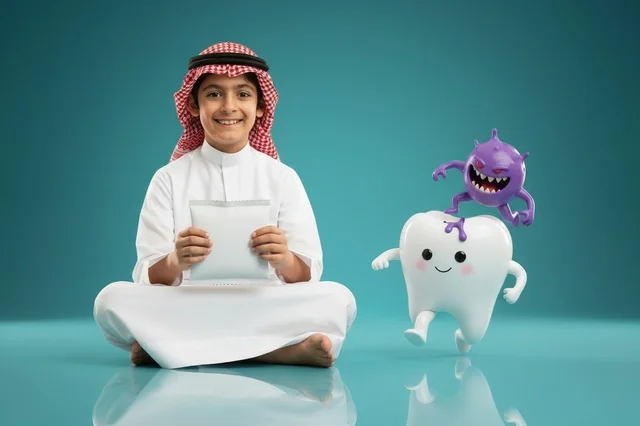طفل سعودي مع مجسم سن وعبوة منتج