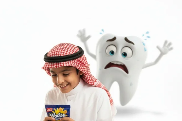 Saudi Boy with Cookies and Frightened Cartoon Tooth