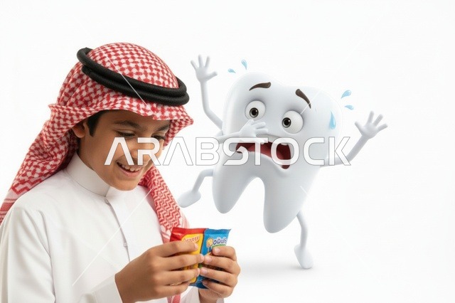 طفل سعودي مع حلويات وشخصية كرتونية لصحة الأسنان