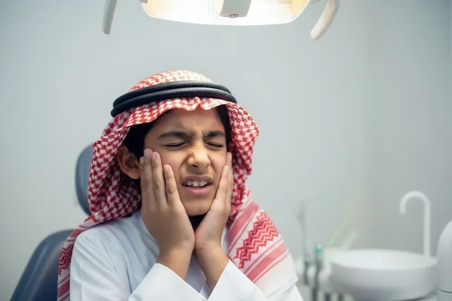 طفل سعودي يعاني من ألم الأسنان في العيادة