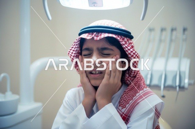 طفل سعودي يعاني من ألم الأسنان في العيادة