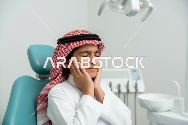 طفل سعودي يعاني من ألم الأسنان في العيادة