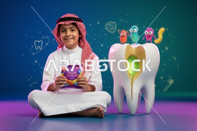 طفل سعودي مع مجسم سن مسوس وحلويات