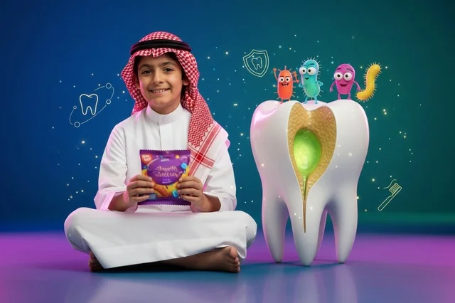 طفل سعودي مع مجسم سن مسوس وحلويات