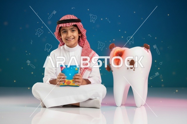 طفل سعودي مع مجسم سن مسوس في الاستوديو