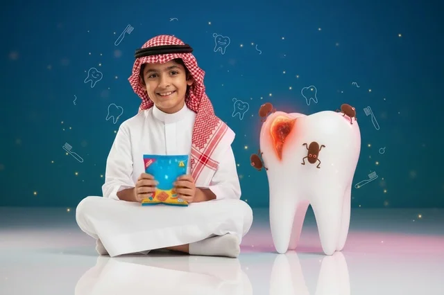 طفل سعودي مع مجسم سن مسوس في الاستوديو