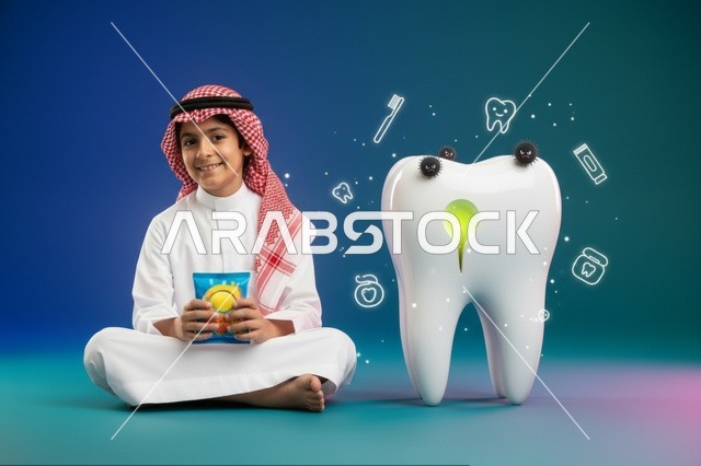 طفل سعودي مع مجسم سن مصاب بالتسوس
