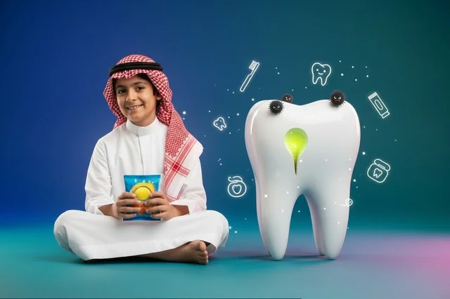 Saudi Boy with 3D Tooth Model and Dental Decay