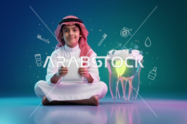 طفل سعودي مع مجسم ضرس ومنتج للعناية بالأسنان
