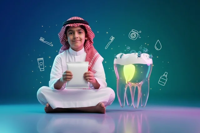 طفل سعودي مع مجسم ضرس ومنتج للعناية بالأسنان