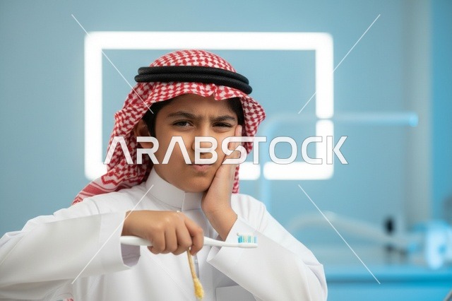طفل سعودي يعاني من ألم الأسنان في العيادة