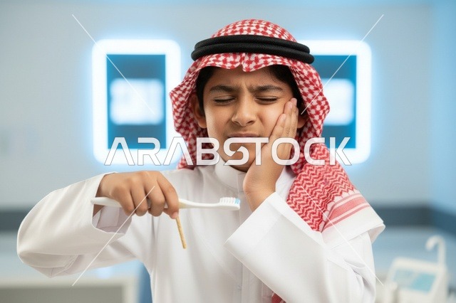 طفل سعودي يعاني من ألم الأسنان في العيادة