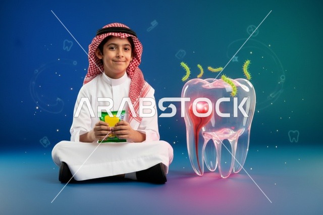 طفل سعودي مع نموذج تسوس الأسنان والوجبات الخفيفة