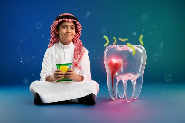 طفل سعودي مع نموذج تسوس الأسنان والوجبات الخفيفة