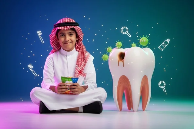 Saudi Boy with Decayed Tooth Model and Candy
