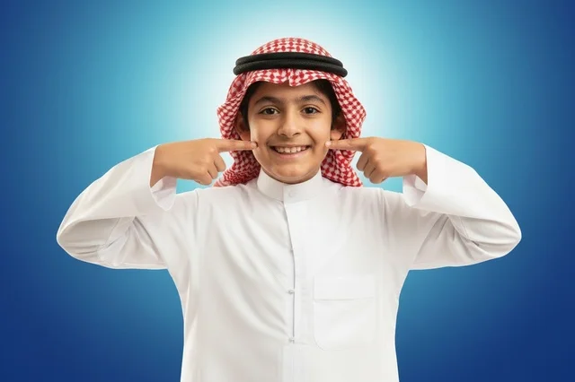 Saudi Boy in Traditional Thobe Smiling on Blue Background