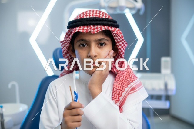 طفل سعودي يعاني من ألم الأسنان في عيادة طبية