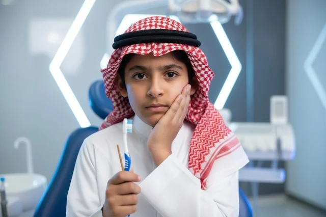 طفل سعودي يعاني من ألم الأسنان في عيادة طبية