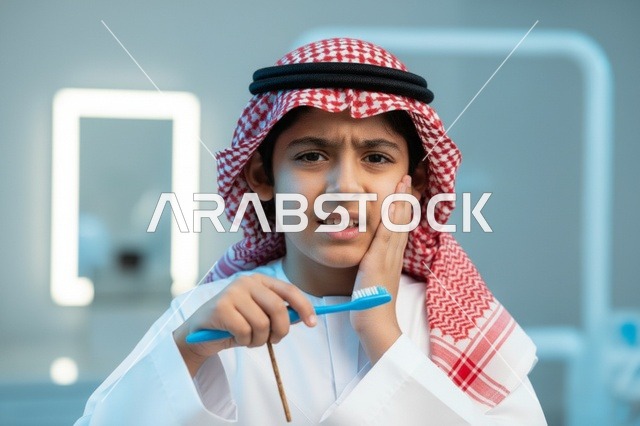 طفل سعودي يعاني من ألم الأسنان باللباس التقليدي