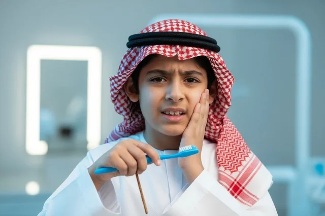 Saudi Boy with Toothache in Traditional Dress
