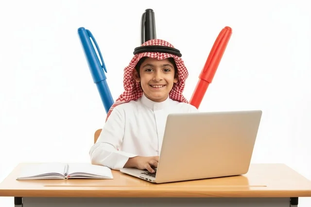 طفل سعودي يستخدم الحاسوب المحمول بالزي التقليدي