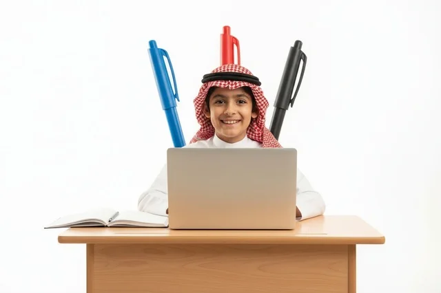 طفل سعودي بالزي التقليدي يدرس على الكمبيوتر المحمول
