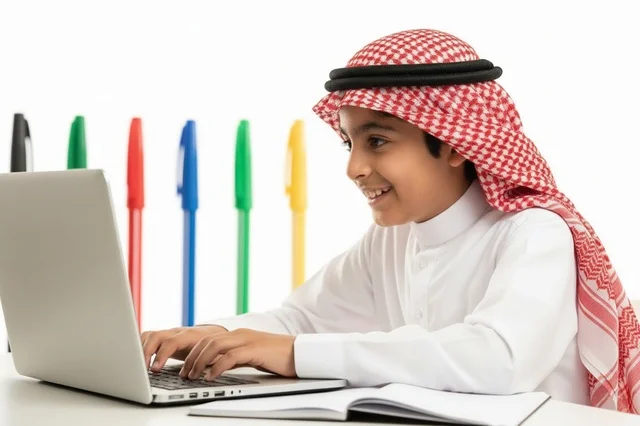 طفل سعودي بالزي التقليدي يستخدم المحمول للتعلم الإلكتروني