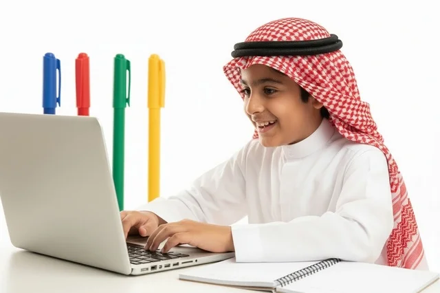 طفل سعودي يستخدم الحاسوب المحمول بالزي التقليدي