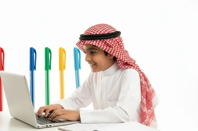 طفل سعودي يستخدم الحاسوب المحمول بالزي التقليدي