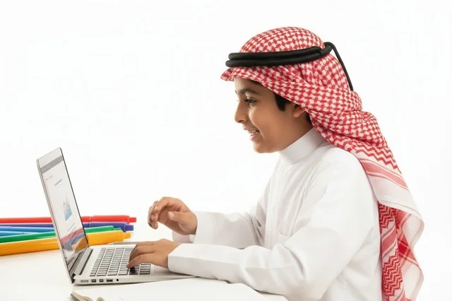 طفل سعودي بالزي التقليدي يستخدم جهاز كمبيوتر للدراسة