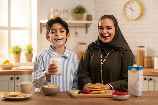 أم سعودية وابنها يتناولان الإفطار في مطبخ حديث