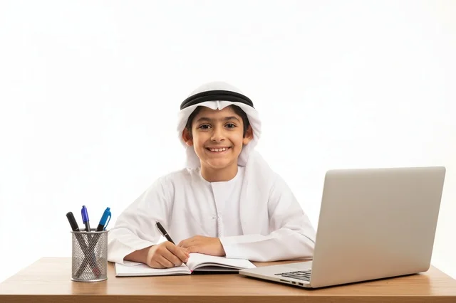 طالب إماراتي مع كمبيوتر محمول على المكتب