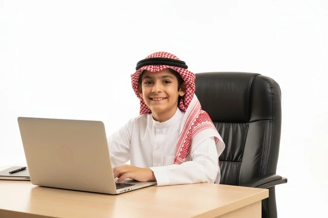 طفل سعودي يستخدم اللابتوب بالزي التقليدي
