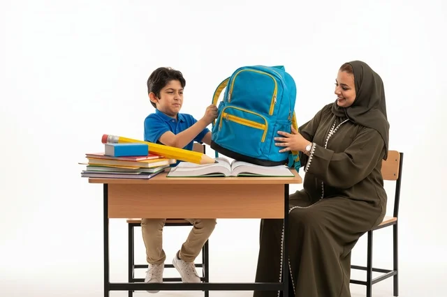 امرأة عربية وطالب مع حقيبة مدرسية على طاولة الدراسة