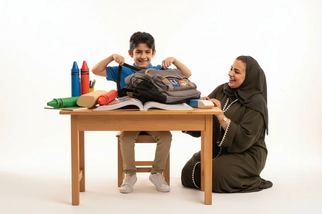 Emirati Mother and Son with School Backpack at Desk