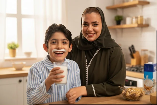 Saudi Mother and Son with Milk in Modern Kitchen