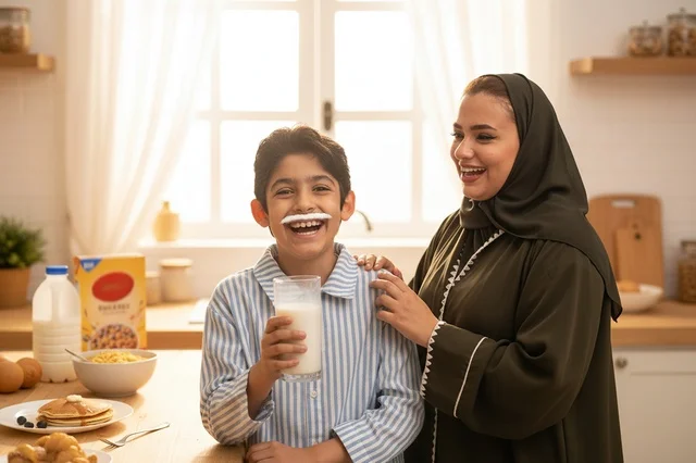 Saudi Mother and Son with Milk Mustache in Kitchen