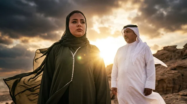 زوجان إماراتيان بالزي التقليدي في الصحراء وقت الغروب