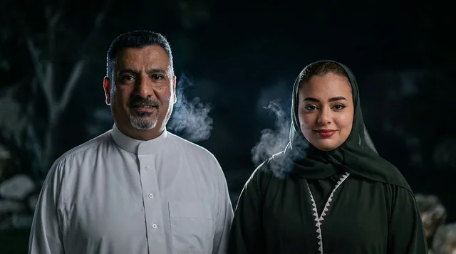 Saudi Couple in Traditional Attire Outdoors at Night Saudi Couple in Traditional Attire Outdoors at Night