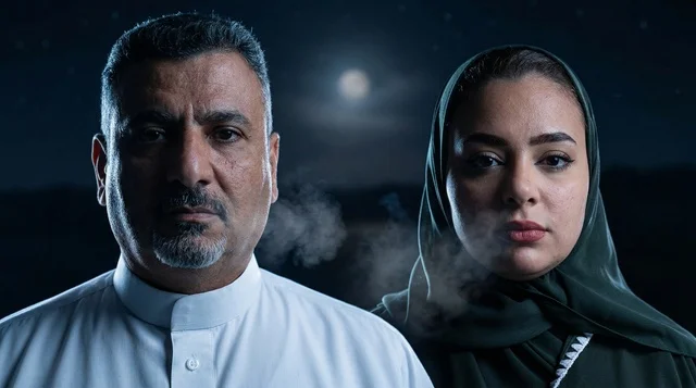 Saudi Man and Woman in Traditional Dress at Night